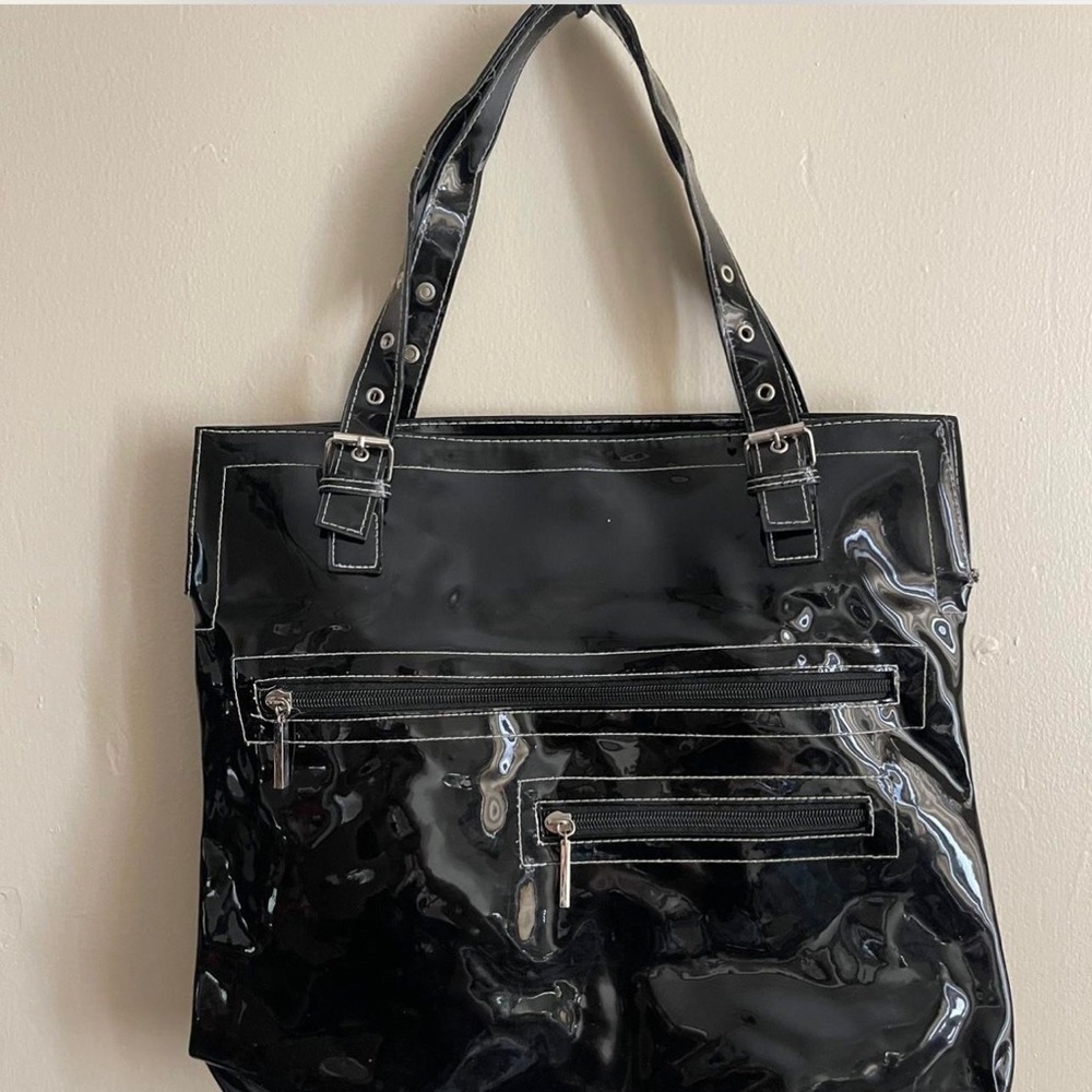 Black Tote Bag with Structured Shape and Shiny Finish